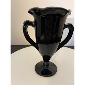 Vintage Black Glass Trophy Vase 2 Handles Round Base Ruffled Top 5 3/4” High